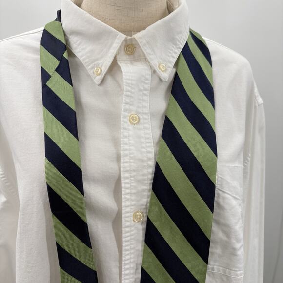 IZOD Silk Necktie Navy Green Repp Stripe Traditional Preppy Academia Classic - Picture 2 of 14